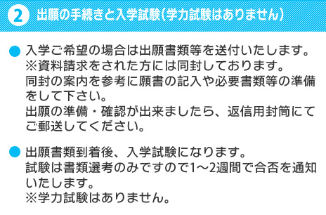 出願の手続きと入学試験（学力試験はありません）